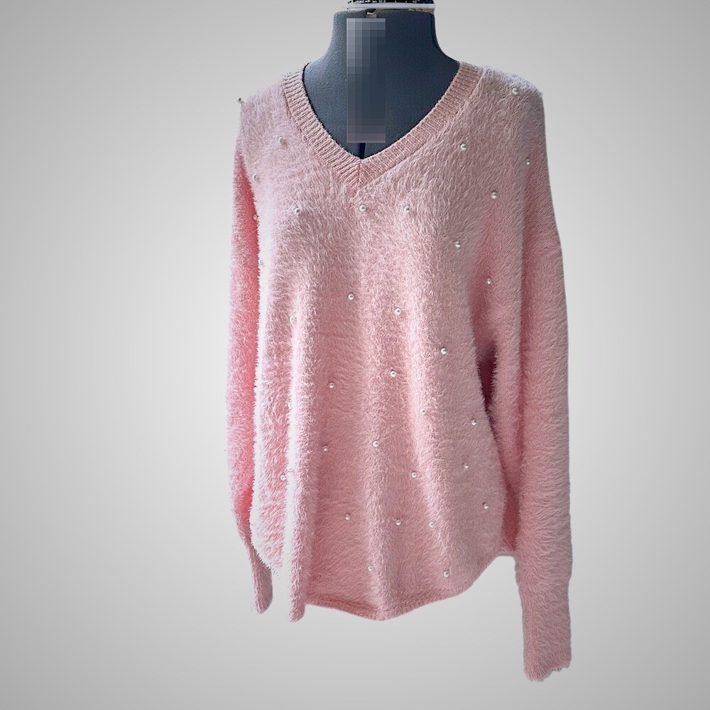 Pink Fuzzy Sweater with Pearl Accents Women's Size L‎ Feminine Valentine Date